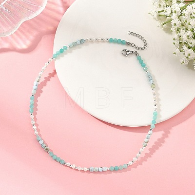 Faceted Round Natural Larimar and Pearl Beaded Necklaces NJEW-JN06409-01-1