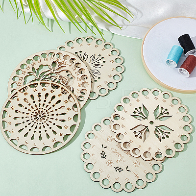 GOMAKERER 6Pcs 6 Styles Flat Round/Flower Wood Sewing Cross Stitch Embroidery Thread Storage Organizers AJEW-GO0001-68-1