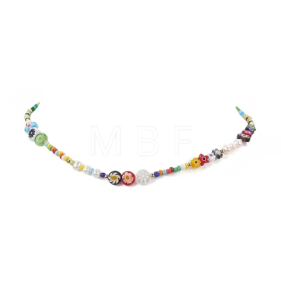 Natural Pearl & Millefiori & Seed Glass Beaded Necklace for Women NJEW-JN04160-1