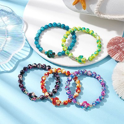 Round Dyed Synthetic Turquoise Beads Stretch Bracelets BJEW-JB10609-1