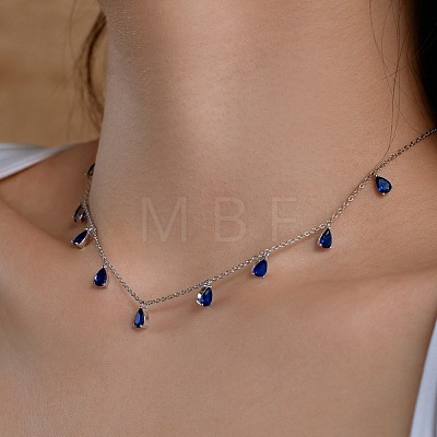 Rhodium Plated 925 Sterling Silver Pave Blue Cubic Zirconia Cable Chain Teardrop Tassel Necklaces for Women NJEW-Q342-14P-1