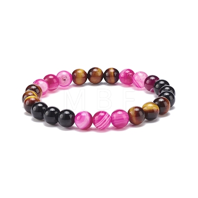 Natural Agate & Tiger Eye(Dyed & Heated) & Black Onyx Round Beaded Stretch Bracelet BJEW-JB08400-01-1