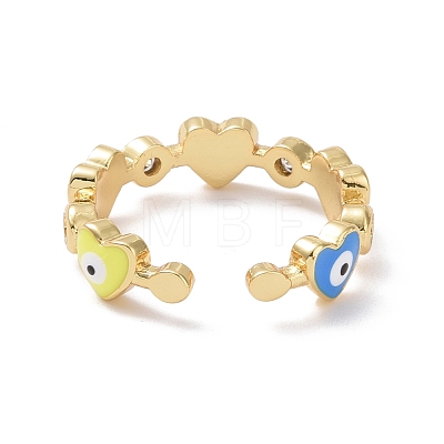 Colorful Enamel Heart Evil Eye & Cubic Zirconia Open Cuff Ring RJEW-P032-10G-1