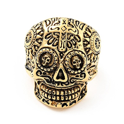 316 Stainless Steel Skull with Cross Finger Ring RJEW-C030-02C-AG-1