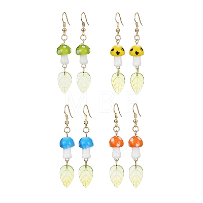 4 Pairs 4 Colors Mushroom Lampwork & Glass Leaf Dangle Earrings EJEW-TA00305-1