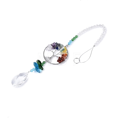Chakra Natural Mixed Stone Chips Tree of Life Suncatcher HJEW-N005-01-1