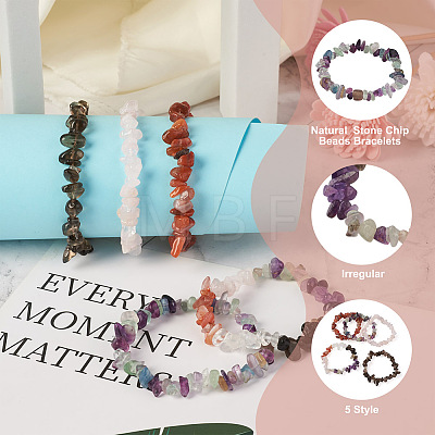 Fashewelry 5Pcs 5 Style Natural Mixed Stone Chip Beads Stretch Bracelets for Women BJEW-FW0001-03-1