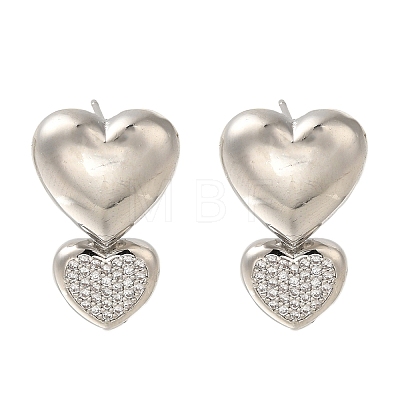 Rack Plating Heart Brass Micro Pave Clear Cubic Zirconia Stud Earrings EJEW-H143-26P-1