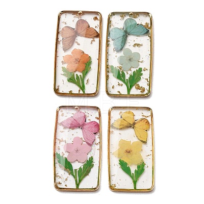 Brass & Transparent Epoxy Resin & Dried Flower Pendants RESI-G133-01G-1