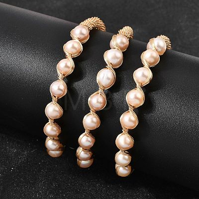 Brass Wire Wrapped Natural  Pearl Cuff Bangles for Women BJEW-D453-05G-1