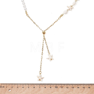 Ocean White Round Shell Pearl Beaded Slider Necklaces NJEW-JN06076-1