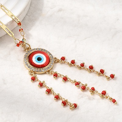 Boho Brass Resin Layered Tassel Red Evil Eye Pendant Necklaces NJEW-L014-04G-1