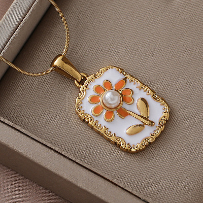 316 Surgical Stainless Steel Enamel with Imitation Pearl Rectangle with Flower Pendant Necklaces for Women ST9494-1