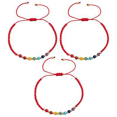 3Pcs Adjustable Chakra Natural & Synthetic Mixed Stone Round Bead Braided Bracelet Sets ZZ4943-1-1