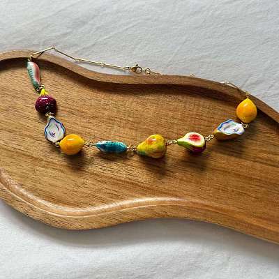 Ocean Resin Fruit Fish Link Chain Necklaces with Alloy Bar Links for Women WG7A601-01-1
