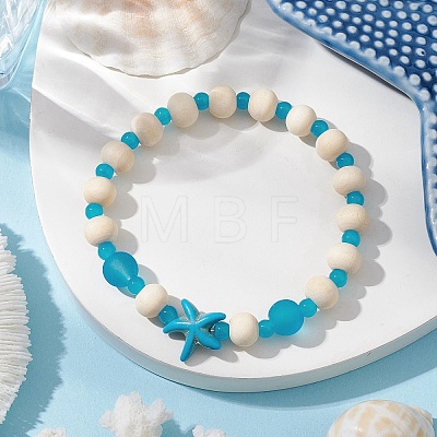 Synthetic Turquoise & Wood & Glass Beaded Stretch Bracelets for Women BJEW-JB11124-02-1