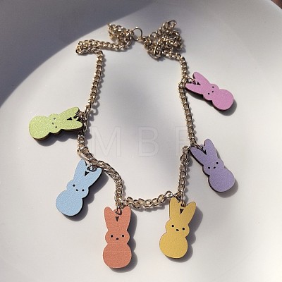 Easter Rabbit Wood Pendant Bib Necklaces with Alloy Chains FS-WG2FC95-01-1