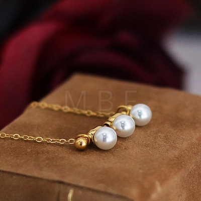 Three Round Glass Pearl Horizontal Bar Pendant 304 Stainless Steel Cable Chain Necklaces for Women WG28E74-01-1
