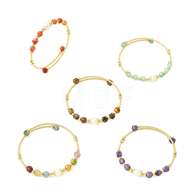 Natural Gemstone & Freshwater Pearl Beaded Copper French Wired Cuff Bangles for Women BJEW-JB13987-1