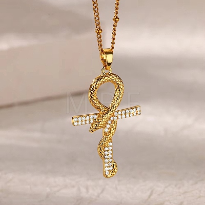 Brass Micro Pave Clear Cubic Zirconia Snake Wrapped Ankh Cross Pendant Necklaces LS-NJEW-S446-01G-1