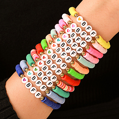 12Pcs Alloy & Polymer Clay & Resin Beaded Stretch Bracelets Set for Frinedship FS-WG9EC10-01-1