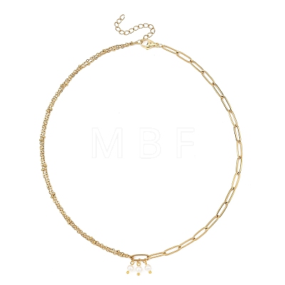 White Round Shell Pearl Pendant 304 Stainless Steel Mixed Chain Necklaces for Women NJEW-JN06101-1