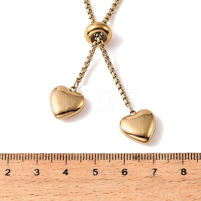Adjustable 304 Stainless Steel Double Heart Pendant Box Chain Lariat Necklaces for Women NJEW-D327-01G-1