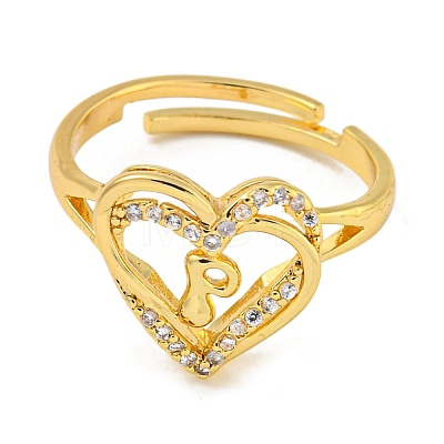 Heart with Letter Rack Plating Brass Micro Pave Clear Cubic Zirconia Adjustable Rings for Women RJEW-I105-01G-P-1