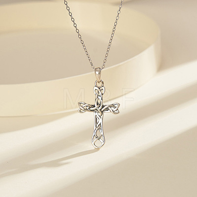 Rhodium Plated 925 Sterling Silver Knot Cross Pendant Necklaces for Women NJEW-F323-03P-1