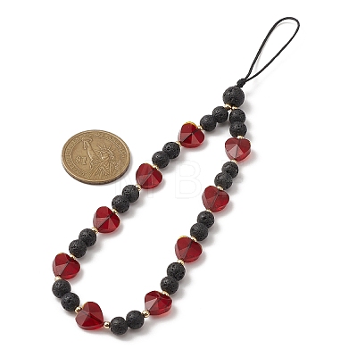 Round Natural Lava Rock & Heart Glass Beaded Mobile Straps HJEW-TA00027-1