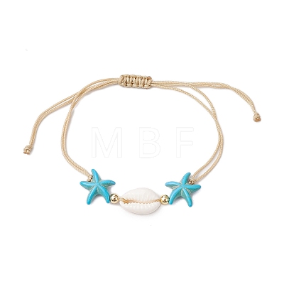 Synthetic Turquoise & Cowrie Shell Braided Starfish & Shell Shape Bead Bracelets for Women BJEW-JB11259-1