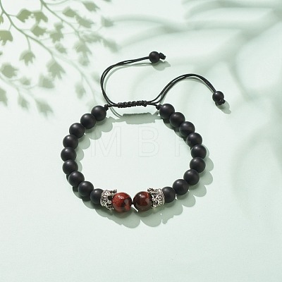 Natural Frosted Black Agate(Dyed) & Tiger Eye Braided Bead Bracelet with Alloy Crown BJEW-JB08249-05-1