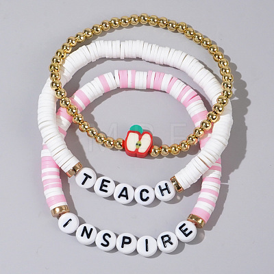 Teachers' Day Plastic Letter Inspire Teach Polymer Clay Heishi Beaded Stretch Bracelet Sets IE3330-3-1