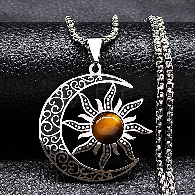 Gothic Moon Sun 201 Stainless Steel Pave Natural Tiger Eye Pendant Necklaces for Women FS-WG56BEB-01-1