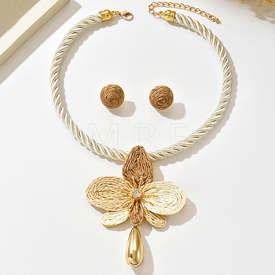 Iron Rhinestone & Raffia Flower Statement Necklace & Earrings Set WGE3BC3-03-1