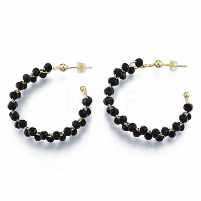 Brass Wrapped Black Glass Bead Stud Earrings for Women EJEW-N011-101-1