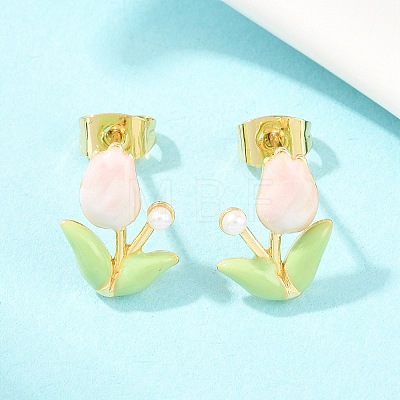 Flower Brass Enamel Stud Earrings EJEW-T051-08B-1