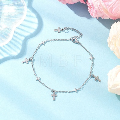 3Pcs 3 Styles 304 Stainless Steel Cross Link Chain Anklets AJEW-AN00739-1