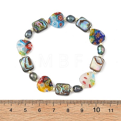 Handmade Millefiori Lampwork Heart & Dyed Rice Natural Pearl & Rectangle Paua Shell Beaded Stretch Bracelets BJEW-JB14296-1