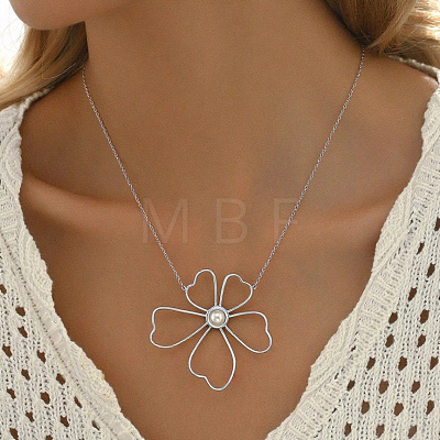 Elegant Stainless Steel & Imitation Pearl Hollow Flower Pendant Necklaces for Women TN2016-2-1