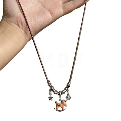Alloy & Plastic Horse Pendant Adjustable Waxed Cord Long Necklaces for Women WG0CF74-01-1