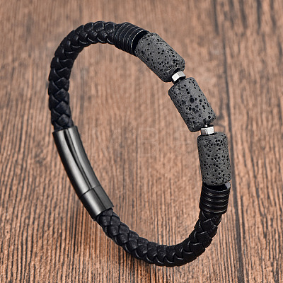 Column Natuarl Lava Rock Braided Imitation Leather Cord Bracelets with Magnetic Clasps for Men WG04C79-01-1