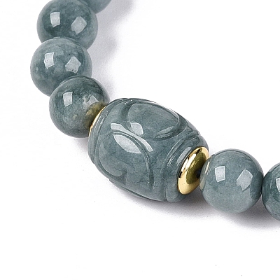 Natural Myanmar Jade Round and Carved Barrel Beaded Stretch Bracelets BJEW-Q100-04-1