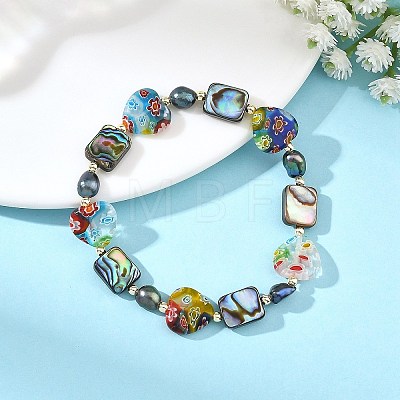 Handmade Millefiori Lampwork Heart & Dyed Rice Natural Pearl & Rectangle Paua Shell Beaded Stretch Bracelets BJEW-JB14296-1