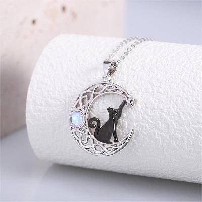 Black Cat Moonstone Necklace Black Cat on the Moon Pendant Necklace Cute Lucky Cat Necklace Jewelry Gifts for Women Cat Lovers JN1112A-1