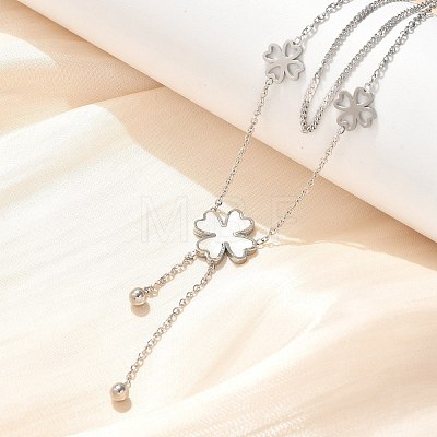 304 Stainless Steel Shell Pearl Clover Pendant Double Layered Necklaces for Women NJEW-U036-01P-1