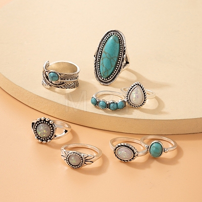 Synthetic Turquoise Finger Rings Set AJEW-PW0005-01C-1