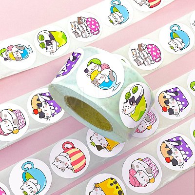 Round Paper Cat in Cup Cartoon Sticker Rolls PW-WG36611-01-1