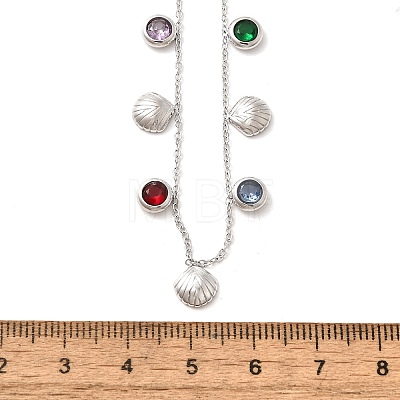 304 Stainless Steel Colorful Cubic Zirconia Flat Round & Shell Shaped Bib Necklaces for Women NJEW-U031-08P-01-1