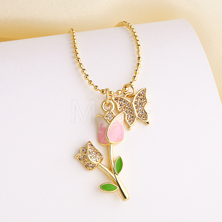 Brass Micro Pave Clear Cubic Zirconia with Enamel Butterfly Rose Flower Pendant Necklaces for Women FS-WG8C866-04-1